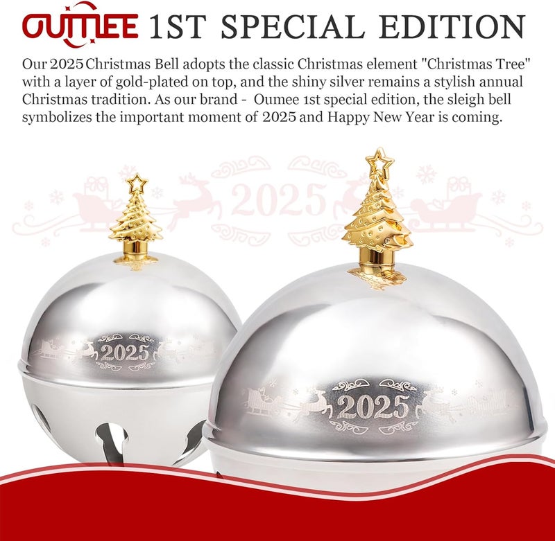 OUMEE 2025 Christmas Bell Ornaments, Sleigh Bell Annual Silver Bell for Christmas Tree Decorations Anniversary Holly Bell Holiday Keepsake - Image 2